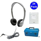 24 pack of MS2L personal headphones in a durable carrying case, ideal bulk school headphones for education.