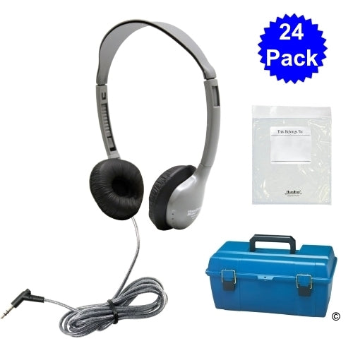 24 pack of MS2L personal headphones in a durable carrying case, ideal bulk school headphones for education.