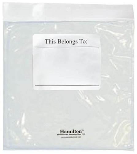 Clear storage bag with label space for identification, ideal for school uses and organizing personal items.
