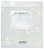 Clear storage bag with label space for identification, ideal for school uses and organizing personal items.