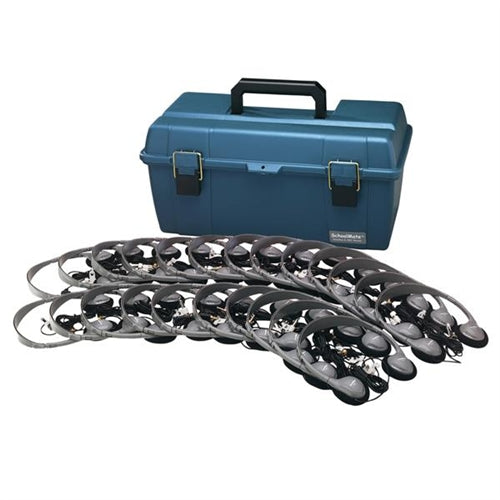 Lab Pack of 24 MS2L personal headphones with carrying case, ideal for bulk school headphones and educational use.