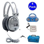4 pack of bulk school headphones with portable Bluetooth boombox and audio splitter for educational use.