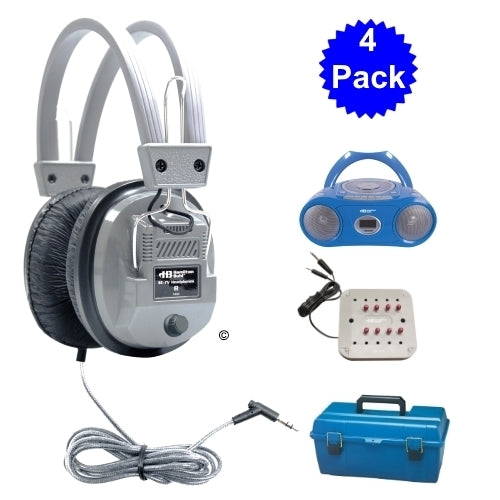 4 pack of bulk school headphones with Bluetooth boombox, audio splitter, and storage case for education needs.