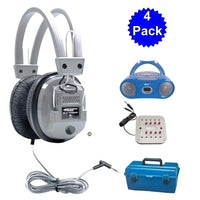 Thumbnail for 4 pack of bulk school headphones with Bluetooth boombox, audio splitter, and storage case for education needs.