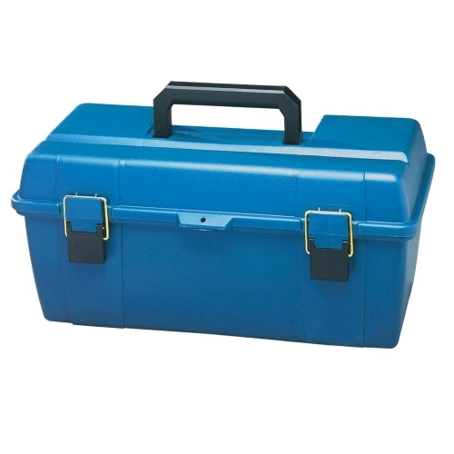 Durable blue toolbox with black handle, ideal for organizing tools and supplies for educational or school projects.
