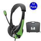 Classroom pack of 12 bulk school headphones with adjustable headband and carrying case, ideal for education.