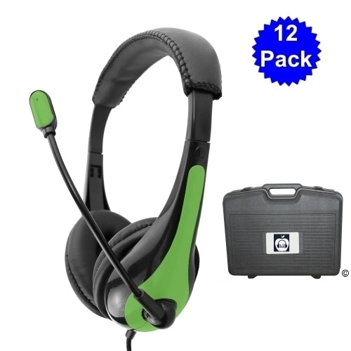Classroom pack of 12 bulk school headphones with adjustable headband and carrying case, ideal for education.