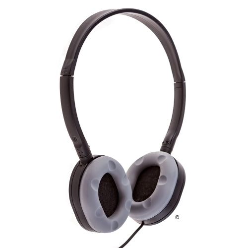 LH-55 bulk school headphones with adjustable headband and soft grey earcups for comfort in classrooms.