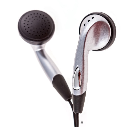 Silver earbuds for classroom use, perfect bulk school headphones for testing and educational activities.