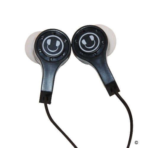 Angled earbuds with silicone tips, perfect for education and classroom use in a bulk school headphones pack.