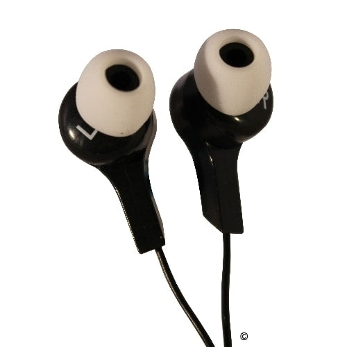 Angled earbuds with silicone tips designed for comfort and sound quality, perfect for bulk school headphone packs.