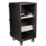 Thumbnail for 30-bay charging and storage cart for tablets, iPads, and Chromebooks with locking casters, ideal for schools.
