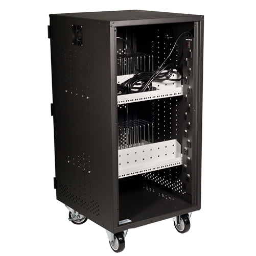30-bay tablet charging and storage cart with wheels, ideal for storing school headphones and devices securely.