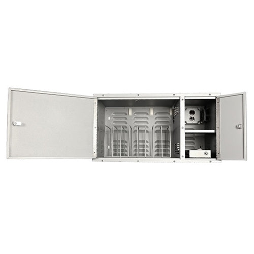 Hamilton Buhl PowerStacker Tower 10-Bay Charging Cabinet for bulk school headphones and educational devices.