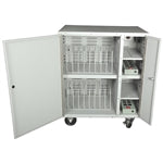 PowerStacker 20-Bay Charging Cart with casters, designed for school headphones and education tech storage.