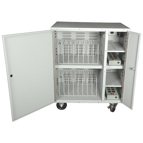 PowerStacker 20-Bay Charging Cart interior view with shelves and dividers, ideal for storing school headphones.
