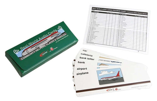 Community Helpers, Places & Vehicles audio card pack for educational use with audio cues, ideal for students using bulk school headphones.