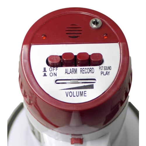 Close-up of the Mighty Mic 15 Watt Megaphone control panel showing volume, alarm, record, and play features.