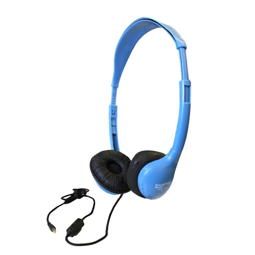 Lightweight blue school headset with in-line microphone, ideal for education and mobile devices.