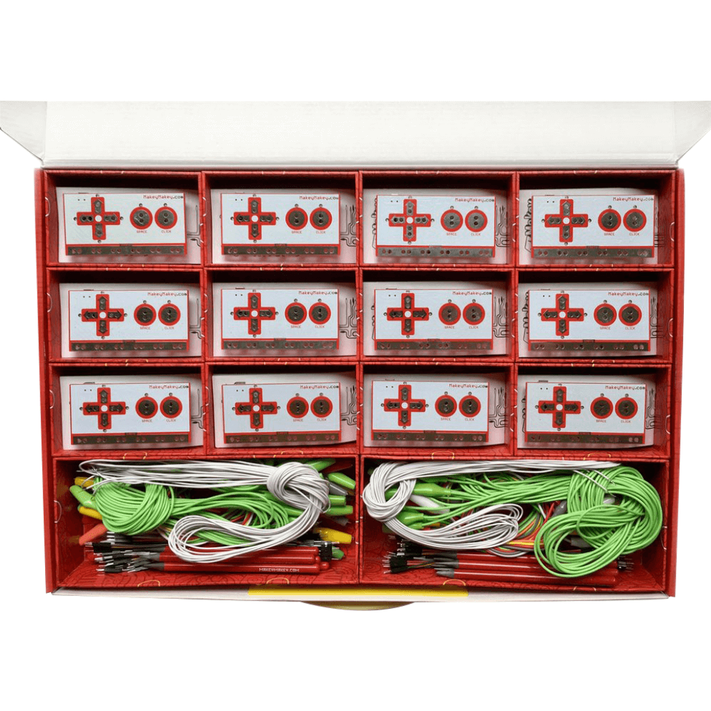 Organized Makey Makey Classroom Invention Literacy Kit with 12 boards and connectors in a red and white carrying case.