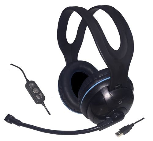 USB over-ear stereo headset with in-line volume controls, ideal for school headphones and bulk headphone packs.