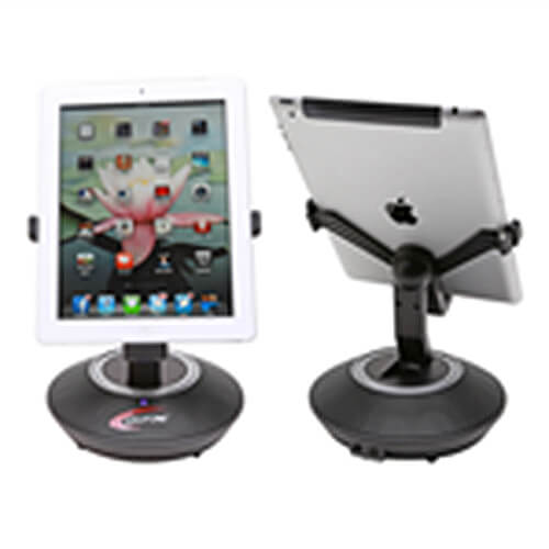Docking station for iPad/iPhone with built-in speaker, ideal for classrooms and group learning with headphones for education.