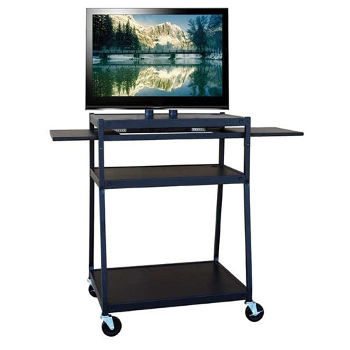 Wide body flat panel TV cart with pull-out shelves, ideal for classroom AV use and sturdy for long-term educational settings.