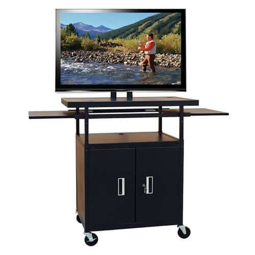 Flat Panel AV Cart with Locking Cabinet and height-adjustable design, ideal for schools and presentations.