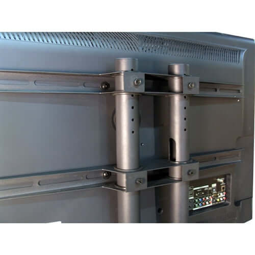 Close-up of sturdy TV mounting bracket on flat-panel display, showcasing adjustable height and secure design.