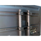 Close-up of sturdy TV mounting bracket on flat-panel display, showcasing adjustable height and secure design.