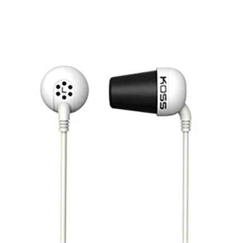 Noise isolating Koss earbuds with memory foam cushions, perfect for bulk school headphones and education settings.