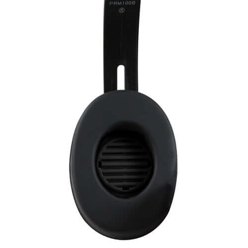 Close-up of black earcup of HamiltonBuhl Primo Stereo Headphones for school use.