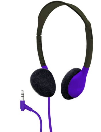 HamiltonBuhl HA2 SchoolMate Headphones - Color Options in purple with a 3.5mm audio jack.