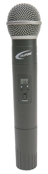 Califone Q319 Handheld Wireless Microphone featuring wireless design and channel-selection for clear audio projection.