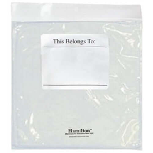Clear storage bag for school supplies with label area for names, ideal for organizing bulk school headphones.