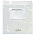 Clear storage bag for school supplies with label area for names, ideal for organizing bulk school headphones.