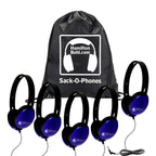 Sack-O-Phones bulk school headphones pack with 5 Primo blue headphones and carrying bag for education.