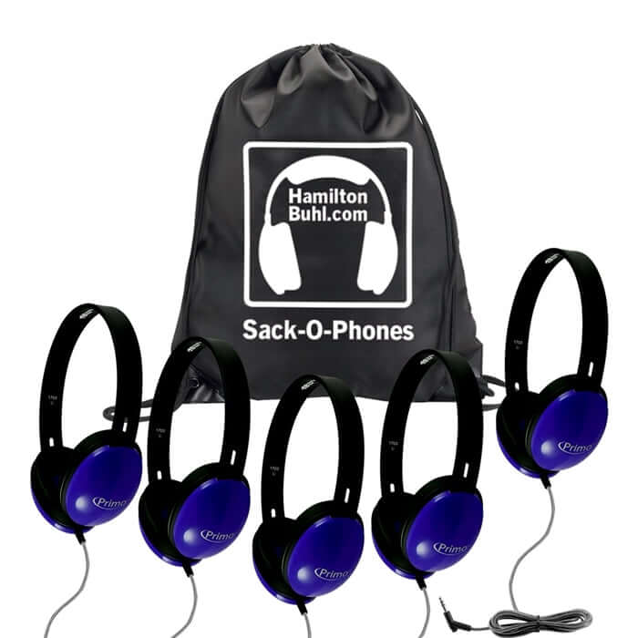 Sack-O-Phones bulk school headphones pack with 5 Primo blue headphones and carrying bag for education.