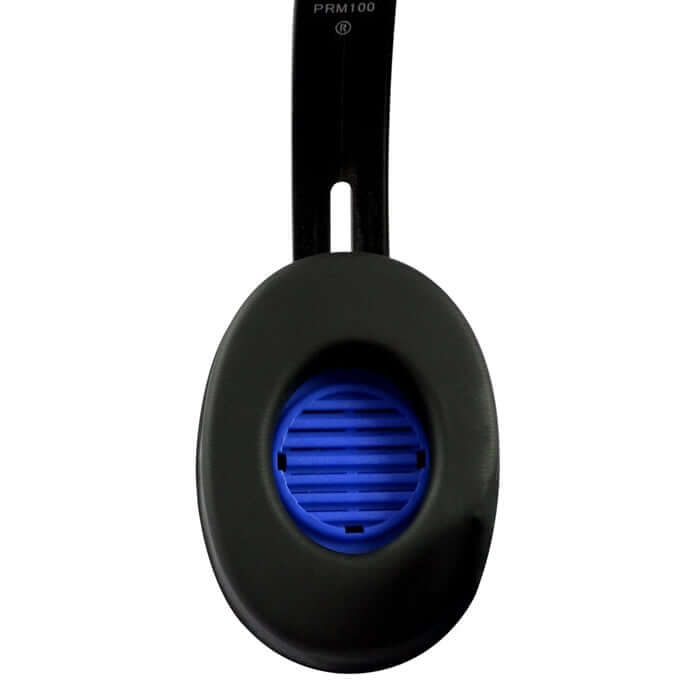 Close-up of blue Primo™ headphone speaker, designed for bulk school headphones and education use.