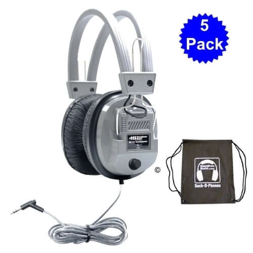 Sack-O-Phones 5 Pack SC-7V Deluxe School Headphones for education, bulk school headphones with comfortable earcups.