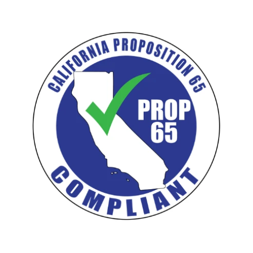 California Proposition 65 compliant label indicating safety standards for products sold in California.