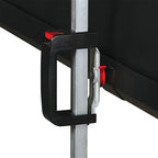 Close-up of the locking mechanism on a projector screen stand, showcasing durable construction for secure support.