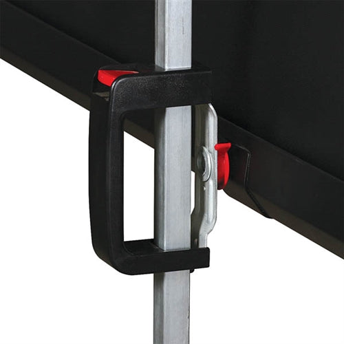 Close-up of projector screen support mechanism showcasing adjustable clamp handle for easy setup.