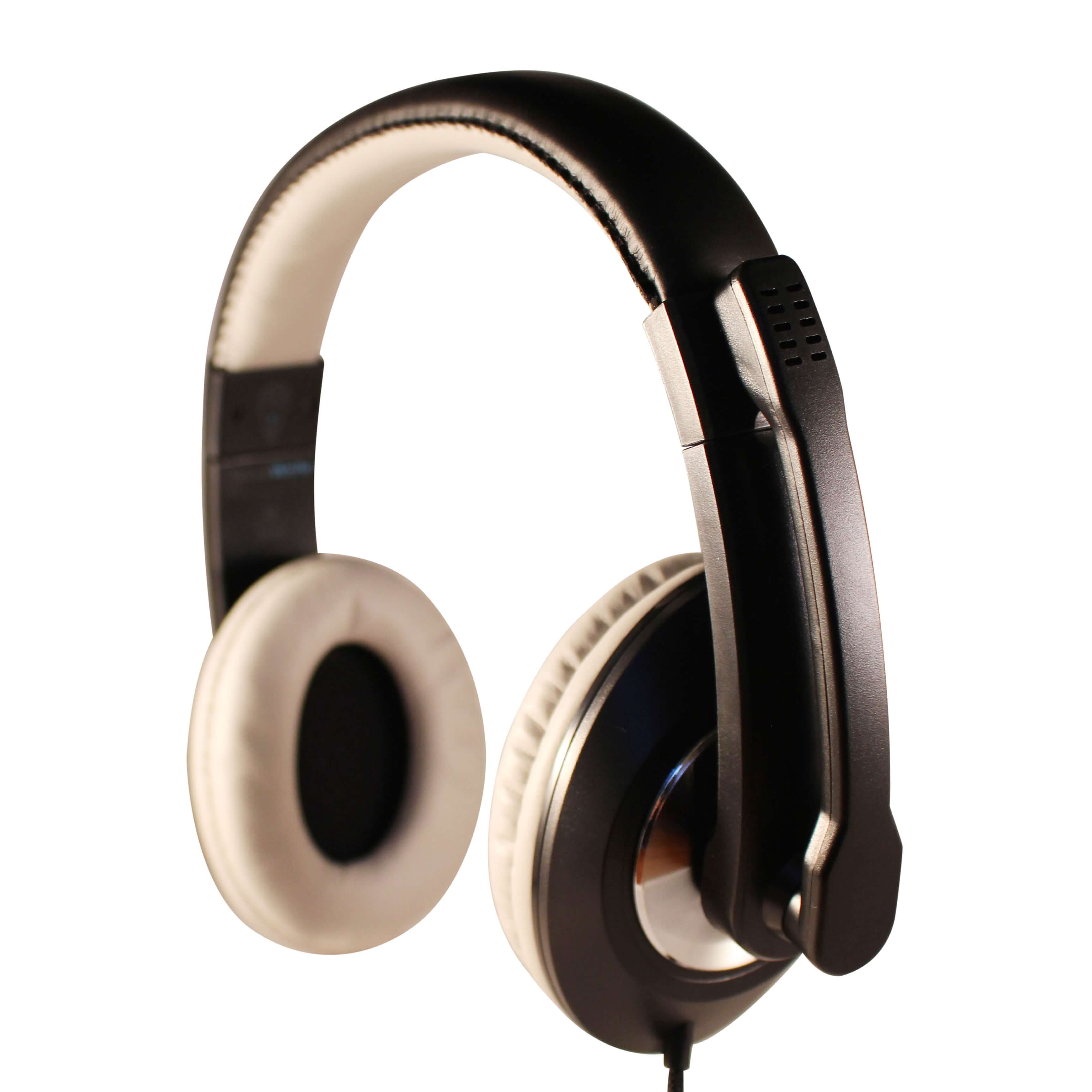Side view of ThinkWrite Ultra Durable black over-ear headset with boom microphone and 3.5mm plug