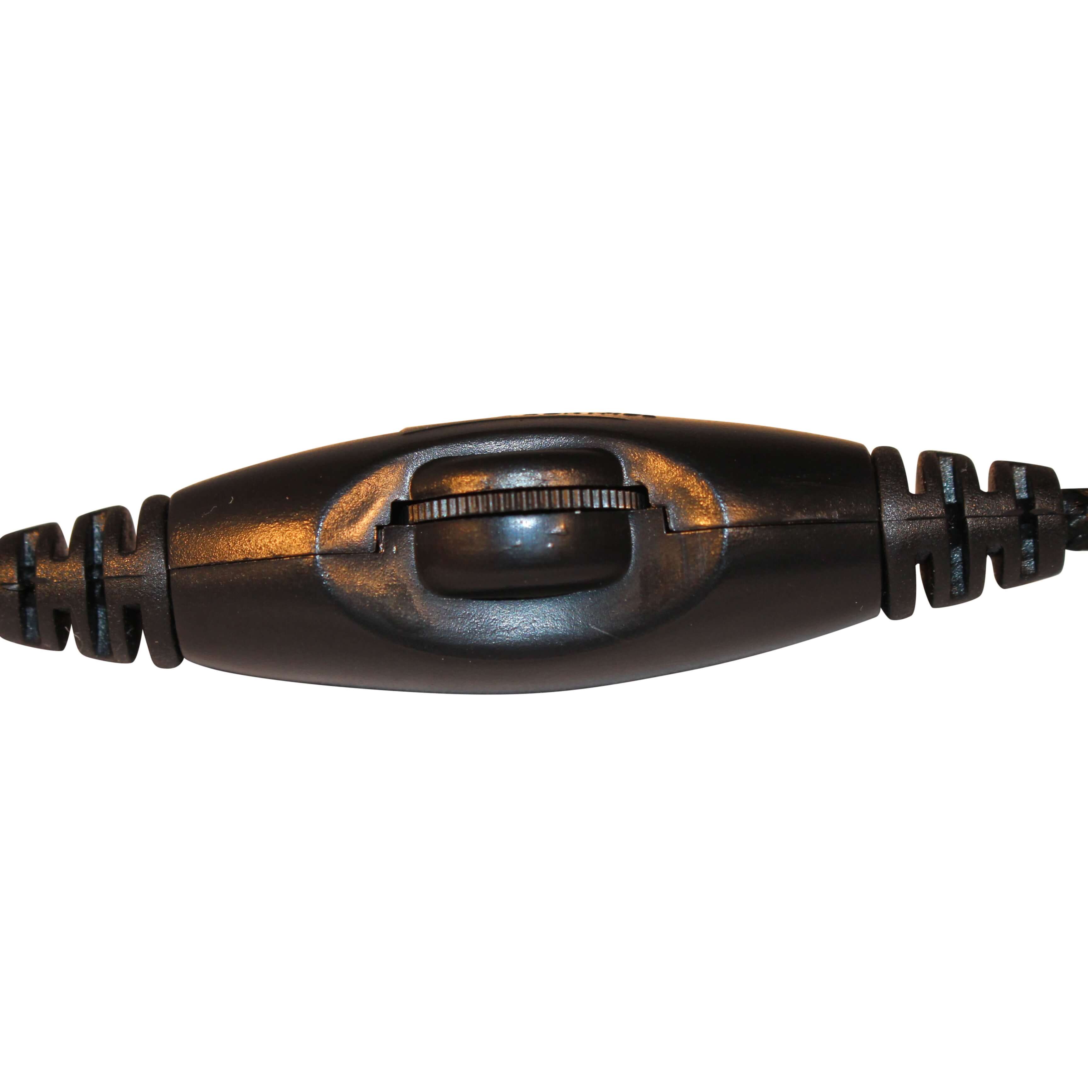Detail view of volume control on ThinkWrite Ultra Durable black headset
