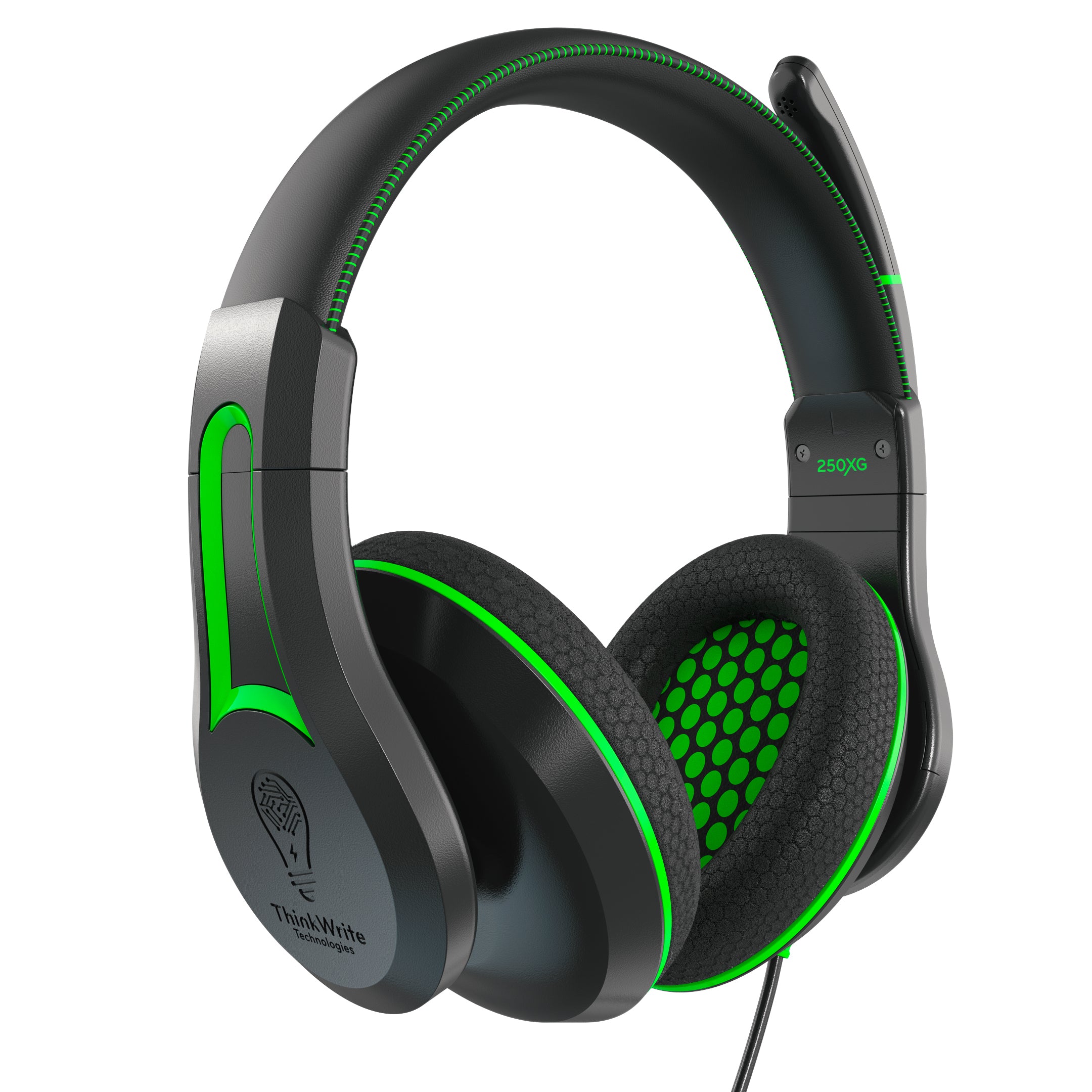 TWT Audio Victory 250XG Gaming Headset with green accents and boom mic displayed from the side.