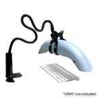 V-Claw holder for HygenX Vray, positioned over a keyboard for effective sanitization, ideal for bulk school headphones.