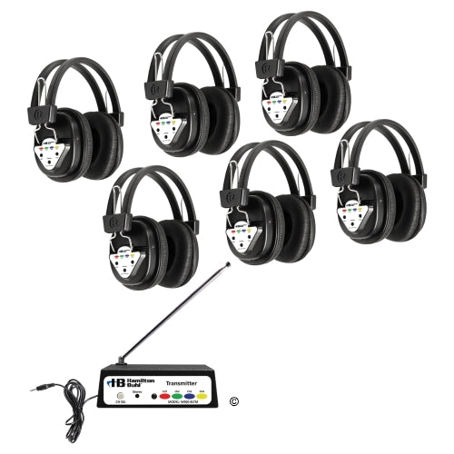 Wireless Listening Center with six bulk school headphones and Bluetooth transmitter, ideal for education and classroom use.