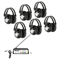 Thumbnail for Wireless Listening Center with six bulk school headphones and Bluetooth transmitter, ideal for education and classroom use.