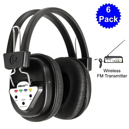 Wireless school headphones in a 6 pack, featuring FM transmitter for classroom audio connectivity.